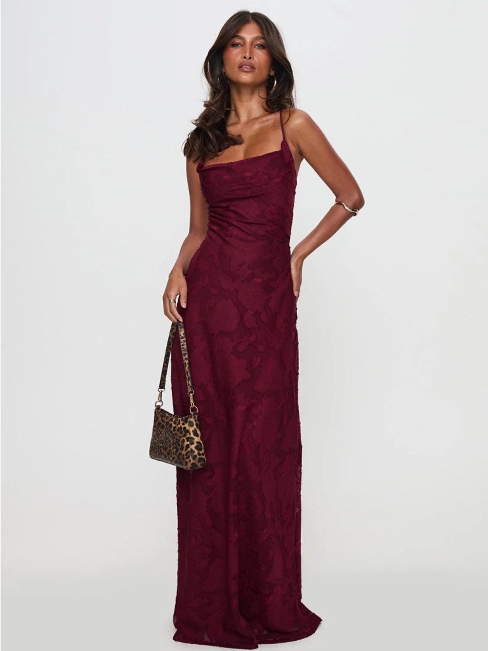 Princess Polly Celina Burgundy Backless Dress with lace up back ties.